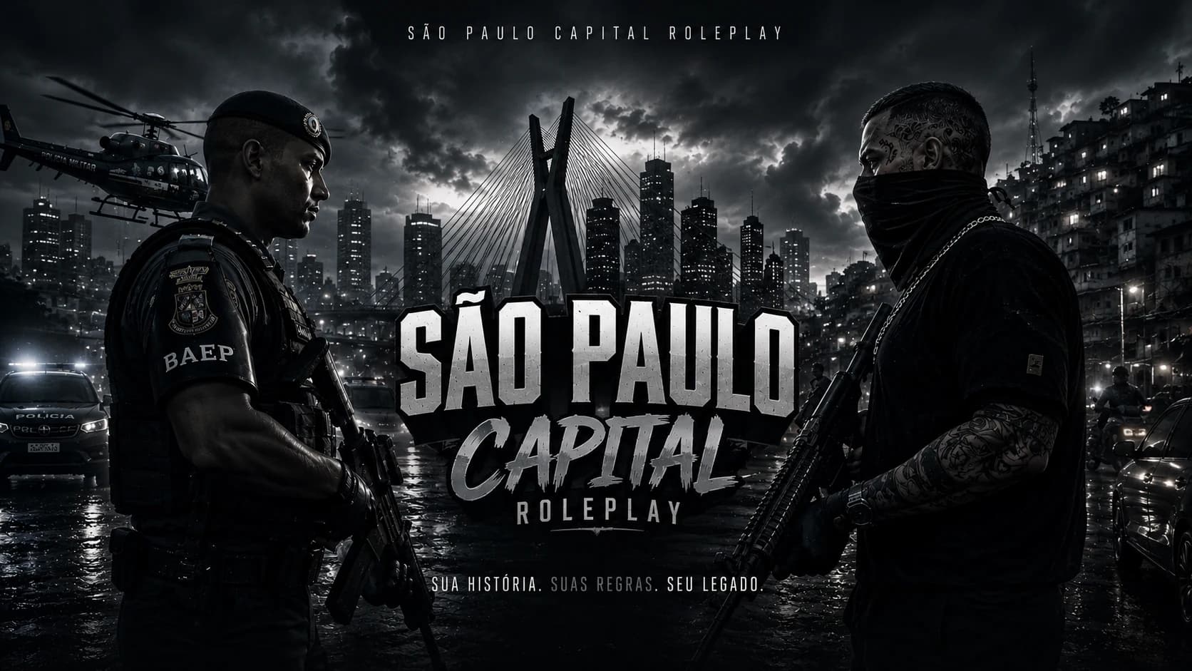 Arte oficial de São Paulo Capital Roleplay, com a cidade ao fundo